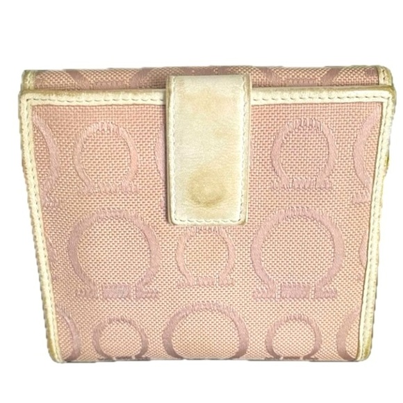 Salvatore Ferragamo Rare Pink Canvas, White Leather Pre Loved Vintage Bi-fold - Picture 4 of 12